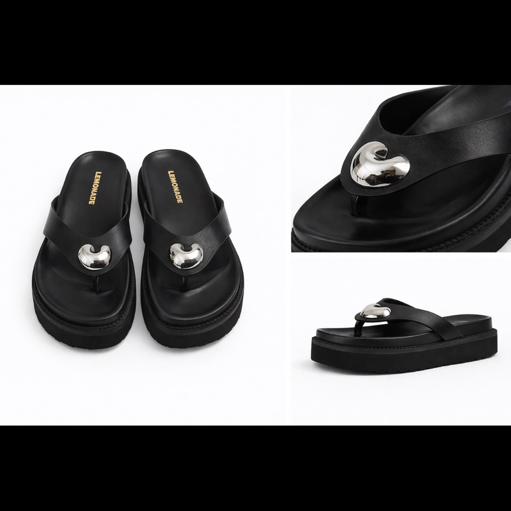 Black Leather Chunky Sandals with Silver Heart Accents 🖤 - Picture 2 of 5